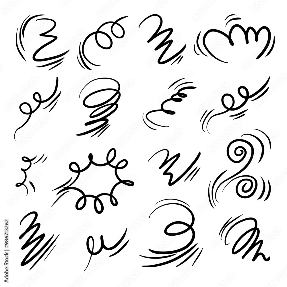 Obraz premium Doodle wind line sketch set. Hand drawn doodle wind movement, air blowing, vortex elements. Sketch of air blowing movement, abstract lines. 