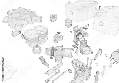 Disassembled motorcycle engine on a white background. Many parts.