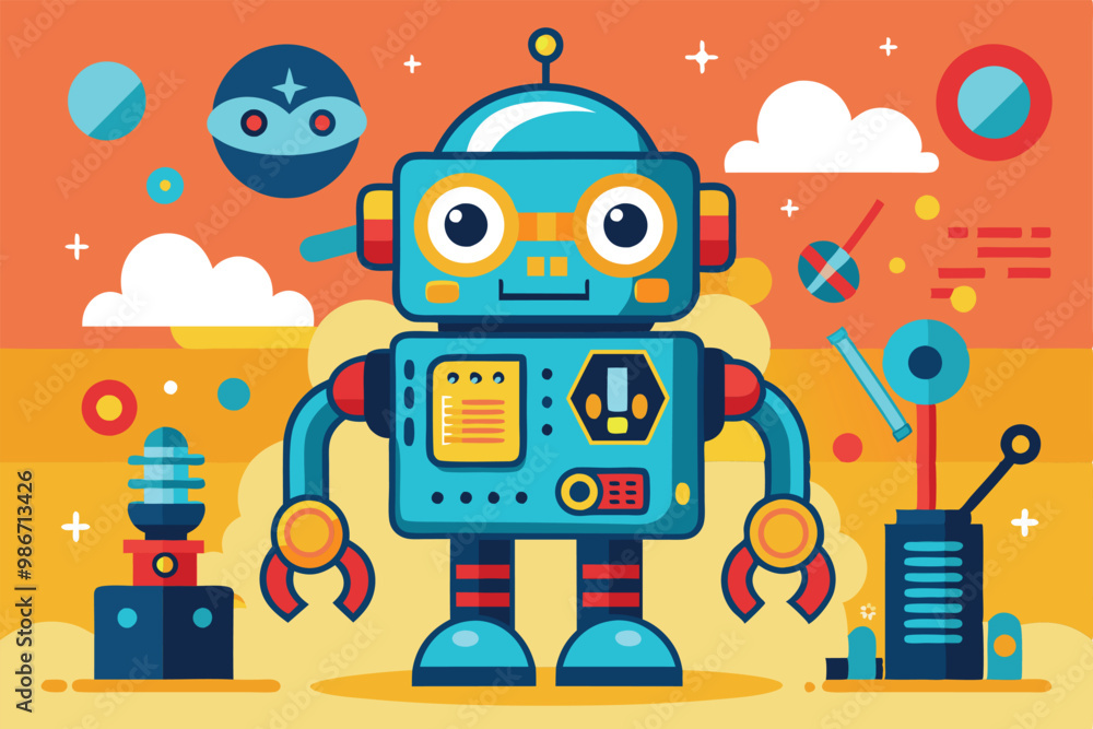 A vibrant cartoon robot stands amidst whimsical elements, showcasing its friendly design and features, Customizable cartoon illustration of robotics. A vibrant cartoon robot stands amidst whimsical elements, showcasing its friendly design and features, Customizable cartoon illustration of robotics.