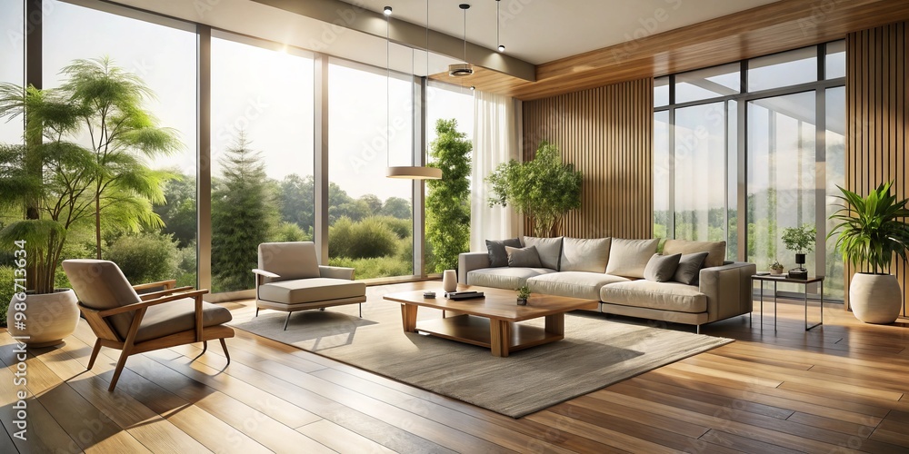 Soothing open-plan space features wooden floors, inviting seating, and radiant natural light spilling in through Soothing open-plan space features wooden floors, inviting seating, and radiant natural light spilling in through