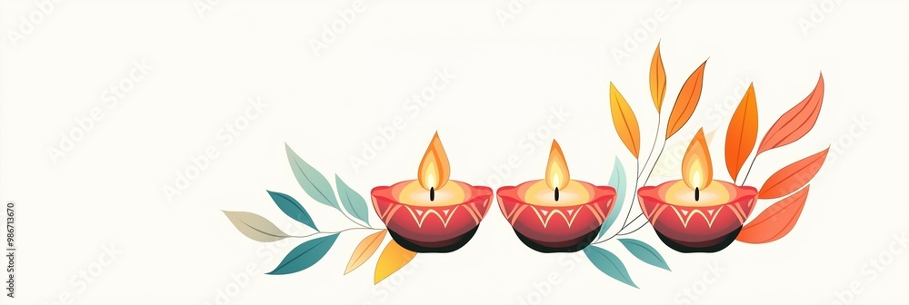 Obraz premium Simple vector of three diyas lined up, blank white space for text overlay 