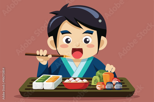 A cheerful cartoon character is happily eating sushi with chopsticks at a vibrant restaurant, Customizable cartoon illustration of someone eating sushi.