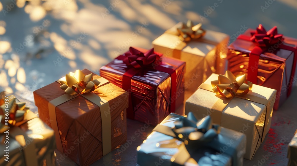 Multiple gift boxes in a variety of colors and sizes, tied with ...