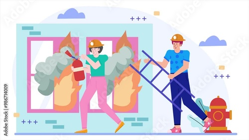 firefighters working together to extinguish a blaze using a fire extinguisher and a ladder illustration animated video