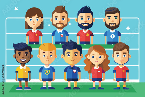 A fun, colorful lineup of cartoon characters representing players in a soccer team formation, Customizable cartoon illustration of team lineup
