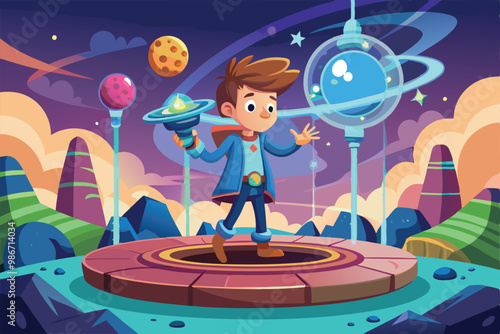 A boy stands confidently on a teleportation platform, exploring a vibrant galaxy filled with planets, Customizable cartoon illustration of teleportation.