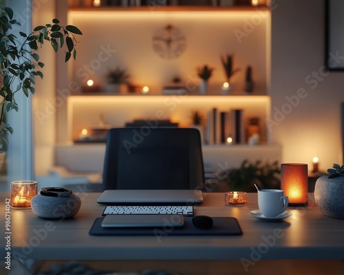 Work-life balance setup with a home office and relaxation area, organized space, sharp focus, warm lighting