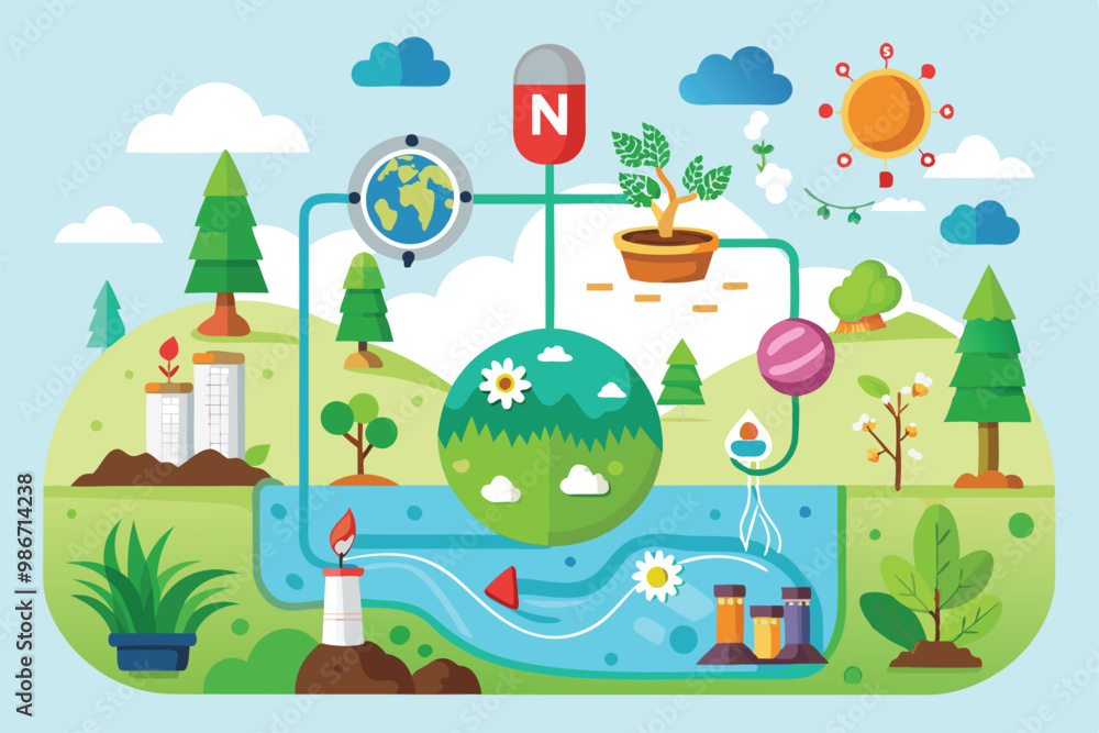 Fototapeta premium An engaging illustration shows nitrogen's importance in ecosystems, featuring plants and water connections, Customizable cartoon illustration of the nitrogen cycle.