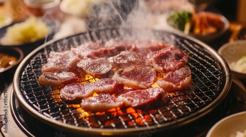 A close-up view of a traditional Japanese yakiniku grill in action, showcasing sizzling cuts of marinated Wagyu and other meats. The vibrant atmosphere is enhanced by the grill's authentic design