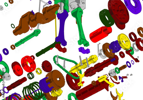 Multicolored disassembled engine on white background. Lots of details.