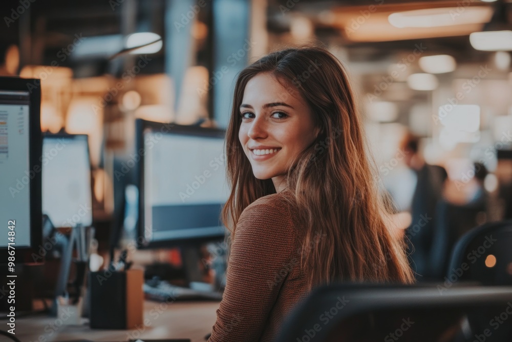 Smiling Woman in a Brown Sweater at a Desk with Computers Smiling Woman in a Brown Sweater at a Desk with Computers