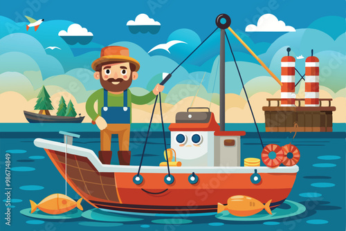 A fisherman stands on a small boat, catching fish using trawl nets in a vibrant coastal area, Customizable cartoon illustration of trawl fishing.