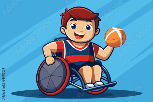 A cheerful young boy in a wheelchair actively playing basketball with a bright smile, Customizable cartoon illustration of wheelchair rugby.