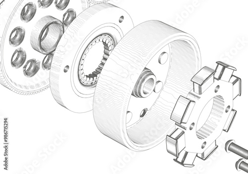 Stator, rotor and other parts on white background.