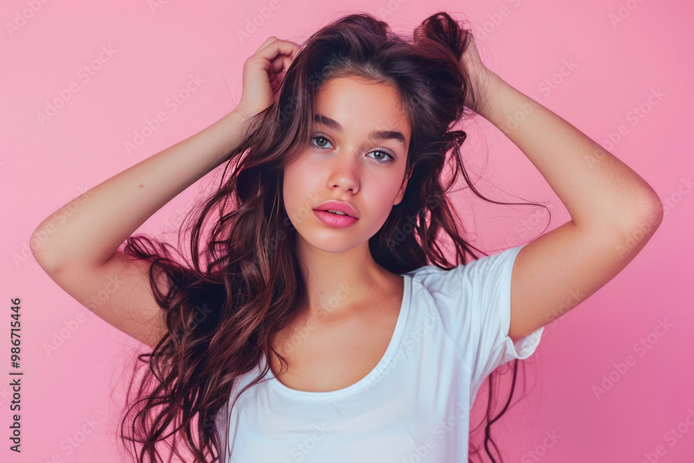 Spectacular latin young woman playing with her brown hair. Indoor photo of wonderful female model isolated on pink background. Spectacular latin young woman playing with her brown hair. Indoor photo of wonderful female model isolated on pink background.
