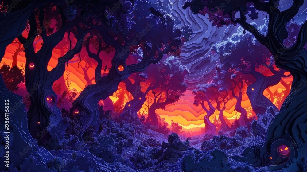 Fototapeta premium Fiery Fantastical Landscape with Glowing Molten Lava Billowing Ethereal Smoke and Scorched Charred Trees in a Dark Mysterious Enchanted Forest Surreal Otherworldly and Imaginative Digital Art