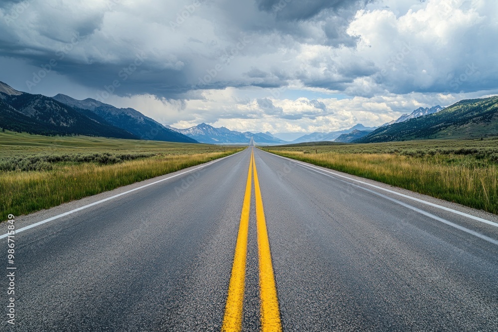 Naklejka premium Empty Asphalt Road Cutting Through Mountain Valley Under Cloudy Sky
