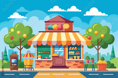 A lively outdoor marketplace featuring a cartoon shop with bright decorations, serving delectable treats, Customizable Cartoon Illustration service marketplace