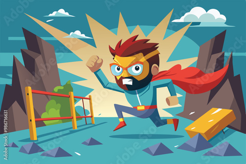 A customizable cartoon character is shown running confidently, breaking down obstacles in a bright environment, Customizable cartoon illustration that breaks barriers.