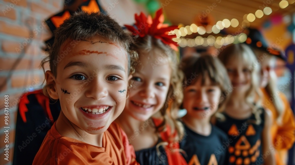 Joyful children in Halloween costumes, including a Caucasian boy with face paint, celebrating together with a festive backdrop. Halloween, spooky, haunted concept. Joyful children in Halloween costumes, including a Caucasian boy with face paint, celebrating together with a festive backdrop. Halloween, spooky, haunted concept.