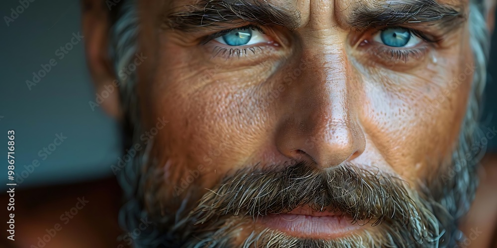 Close-up portrait of a man with striking blue eyes and a rugged beard, conveying intensity. Close-up portrait of a man with striking blue eyes and a rugged beard, conveying intensity.