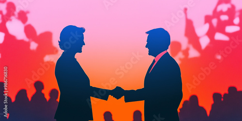 Silhouetted handshake after a political debate with crowd in the distance 