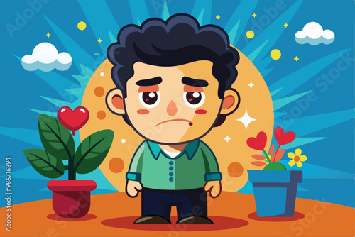 A cartoon character stands in a colorful garden, expressing feelings of jealousy amidst blooming plants, Customizable cartoon illustration that evokes jealousy.