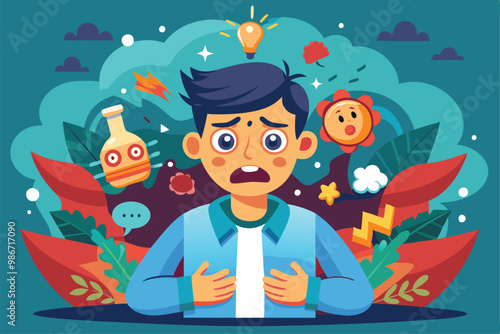 A young boy expresses concern while facing a swirl of chaotic thoughts and emotions around him, Customizable cartoon illustration that is overwhelming.