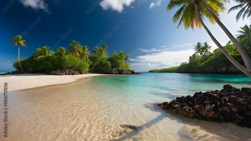 Obraz premium A scenic coral beach featuring palm trees, generative ai