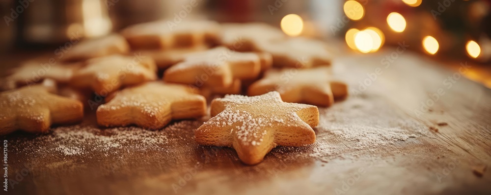 Freshly baked star-shaped cookies dusted with powdered sugar, perfect for holiday celebrations and festive gatherings. Freshly baked star-shaped cookies dusted with powdered sugar, perfect for holiday celebrations and festive gatherings.