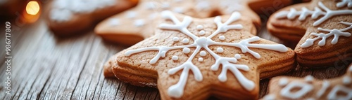 Delicious decorated snowflake cookies on a rustic wooden table, perfect for holiday celebrations and festive gatherings.
