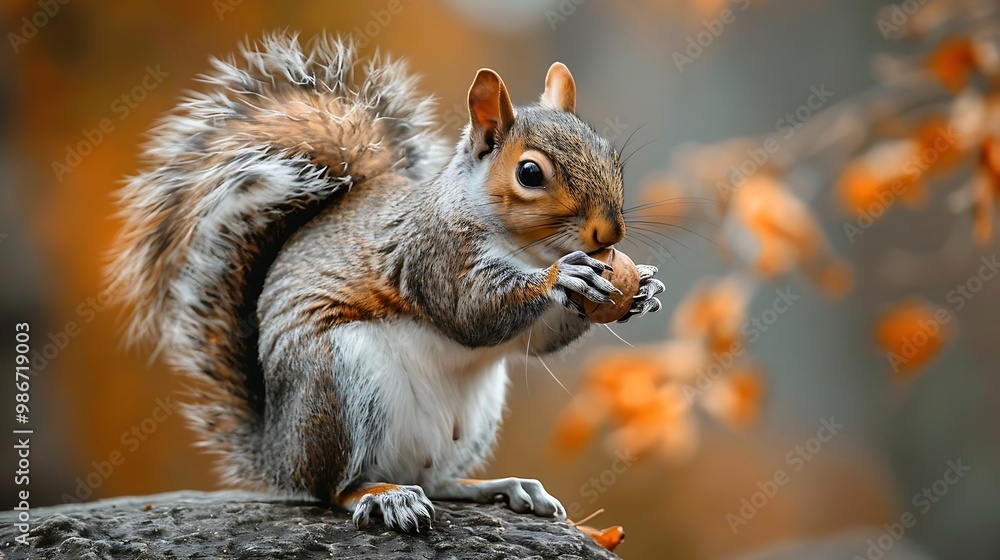 A squirrel holding a nut amidst a blurred autumn background with orange leaves. A squirrel holding a nut amidst a blurred autumn background with orange leaves.