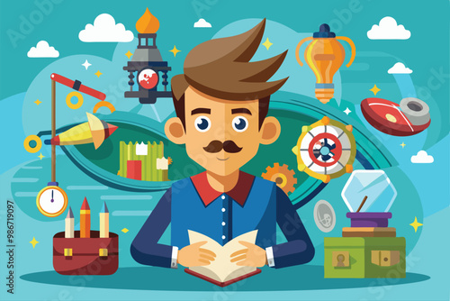 A cartoon character with a mustache is focused on a book surrounded by colorful tools and inventions, Customizable cartoon illustration with logic