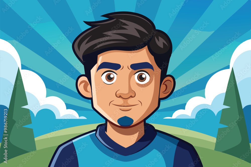 A young man smiles in a bright environment with trees and a blue sky filled with clouds, Customizable cartoon illustration with manipulation capabilities. A young man smiles in a bright environment with trees and a blue sky filled with clouds, Customizable cartoon illustration with manipulation capabilities.