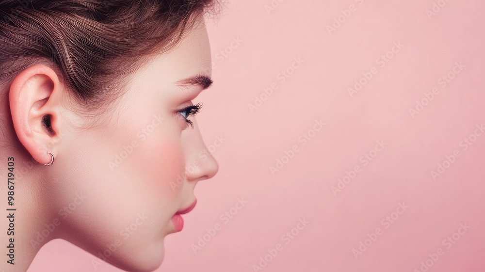 Profile of young woman with fair skin, side view, pink background Profile of young woman with fair skin, side view, pink background