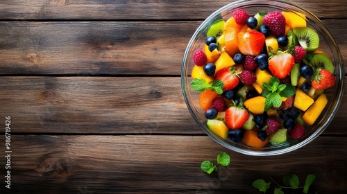 free space topview fruits salad in a glass bowl and ingredient healthy food concept on wooden background