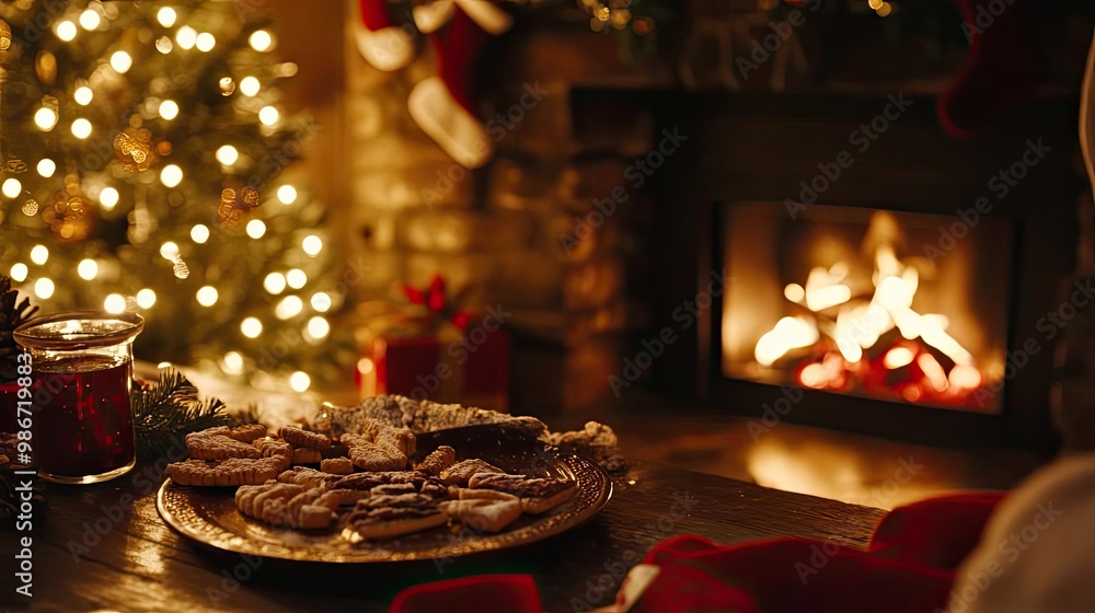 A cozy holiday scene featuring decorated cookies by a glowing fireplace and a beautifully lit Christmas tree. A cozy holiday scene featuring decorated cookies by a glowing fireplace and a beautifully lit Christmas tree.
