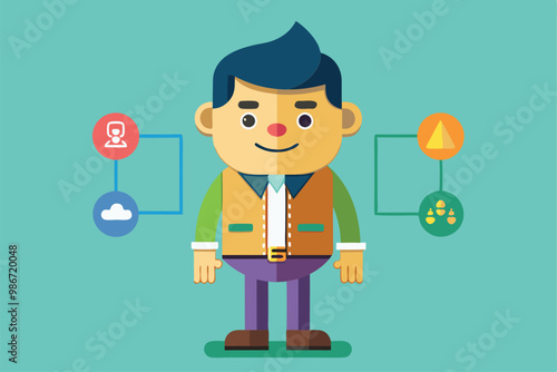 A cheerful cartoon character stands against a colorful background with icons representing various concepts, Customizable cartoon illustration with segmentation.