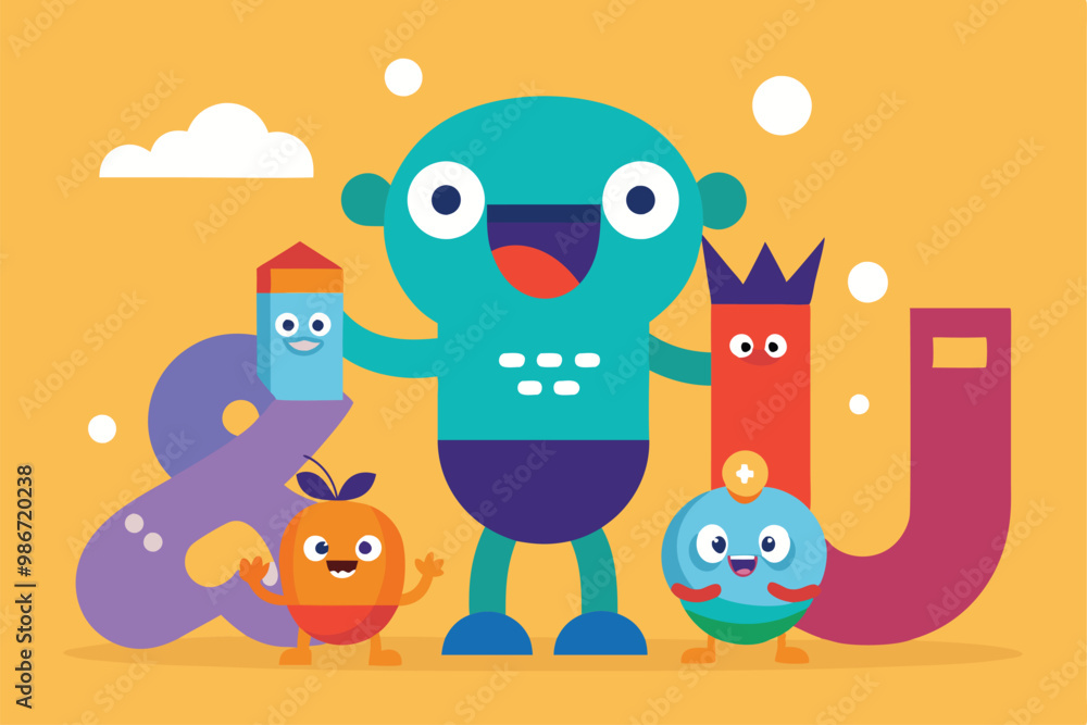 Obraz premium A colorful illustration showcases vowels represented by playful characters in a cheerful setting, Customizable cartoon illustration with vowels.