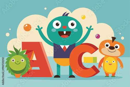 A cheerful cartoon scene displays vibrant characters alongside large, colorful vowels, creating an engaging atmosphere, Customizable cartoon illustration with vowels.