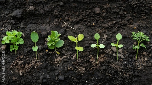 A row of young plants in soil, showcasing various types of seedlings for gardening.