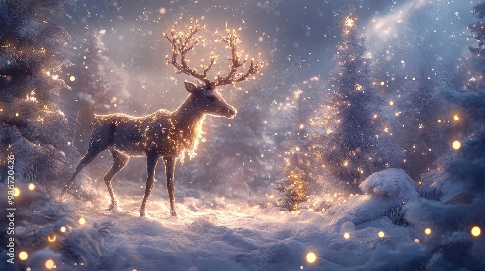 Fototapeta premium A magical winter scene featuring a glowing deer in a snowy forest surrounded by twinkling lights and ethereal atmosphere.