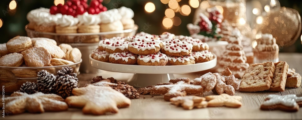 A festive display of delicious cookies and desserts perfect for holiday celebrations, featuring various shapes and toppings. A festive display of delicious cookies and desserts perfect for holiday celebrations, featuring various shapes and toppings.