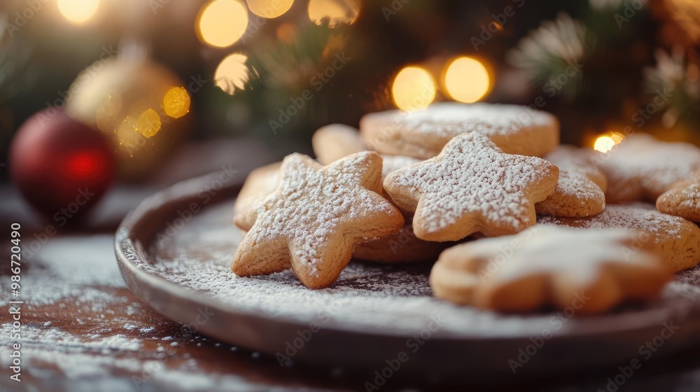 Delicious star-shaped cookies dusted with powdered sugar on a wooden plate, perfect for festive celebrations and cozy gatherings. Delicious star-shaped cookies dusted with powdered sugar on a wooden plate, perfect for festive celebrations and cozy gatherings.