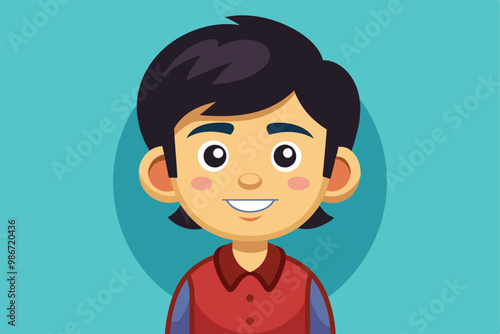 A vibrant cartoon character of a smiling boy with dark hair wearing a red outfit against a blue background, Customizable cartoon illustration - yes or no?