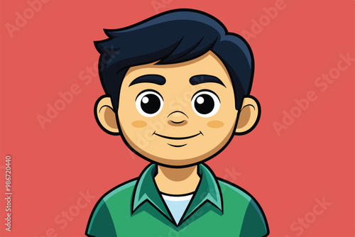 A cheerful young boy with black hair wears a green shirt, smiling on a bright red background, Customizable cartoon illustration