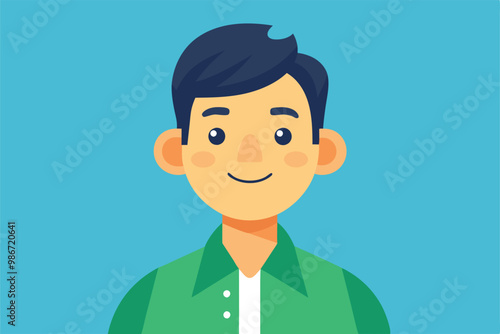 A vibrant cartoon character of a young man wearing a green shirt, smiling warmly at viewers, set against blue, Customizable cartoon illustrations, a new idea.