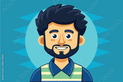 A cheerful cartoon character features a man with a beard, wearing a striped sweater against a colorful background, Customizable cartoon illustrations are now available for new entries.