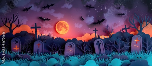 Haunting graveyard landscape with a full moon silhouetted bats and crosses under a mysterious cloudy night sky  This eerie gothic scene evokes a spooky photo