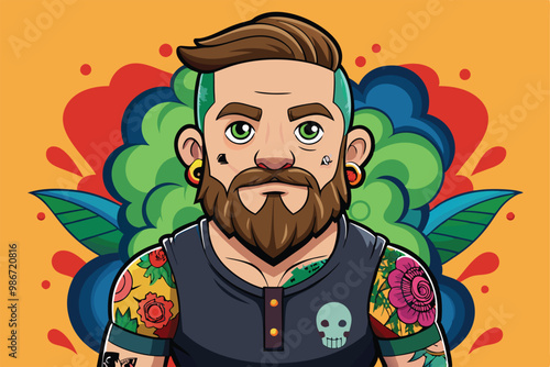 A tattoo artist showcases colorful body art and unique designs surrounded by a lively backdrop, Customizable cartoon illustrations by a tattoo artist.